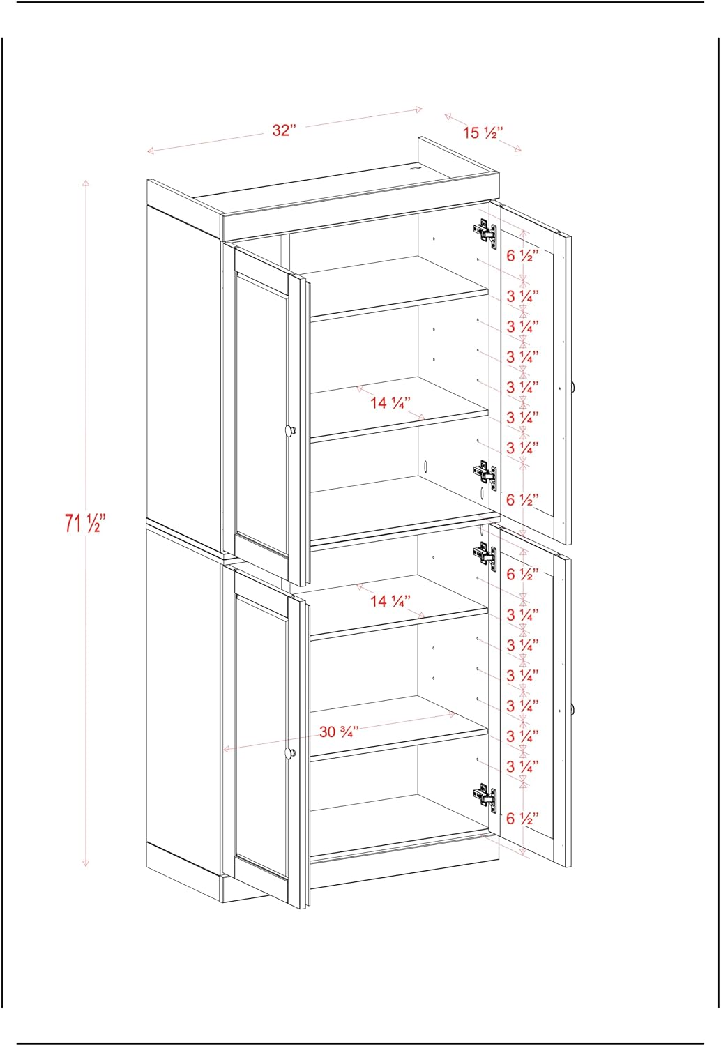 Palace Imports Solid Wood Kitchen Pantry Cabinet - 71.5" Tall x 32" Wide - Wooden Storage Cabinet with 4 Doors & Adjustable Shelves, Mocha, 100% Renewable Eco-Friendly Wood, Made in Brazil