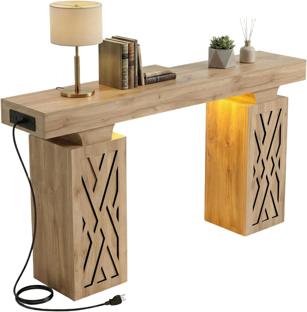 63-Inch Modern Console Table with LED & Outlet, Farmhouse Entryway Table with Geometric Base, Solid Wood-Grain Sofa Table Behind Couch, Narrow Accent Table for Hallway, Brown Oak