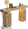 63-Inch Modern Console Table with LED & Outlet, Farmhouse Entryway Table with Geometric Base, Solid Wood-Grain Sofa Table Behind Couch, Narrow Accent Table for Hallway, Brown Oak