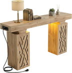 63-Inch Modern Console Table with LED & Outlet, Farmhouse Entryway Table with Geometric Base, Solid Wood-Grain Sofa Table Behind Couch, Narrow Accent Table for Hallway, Brown Oak