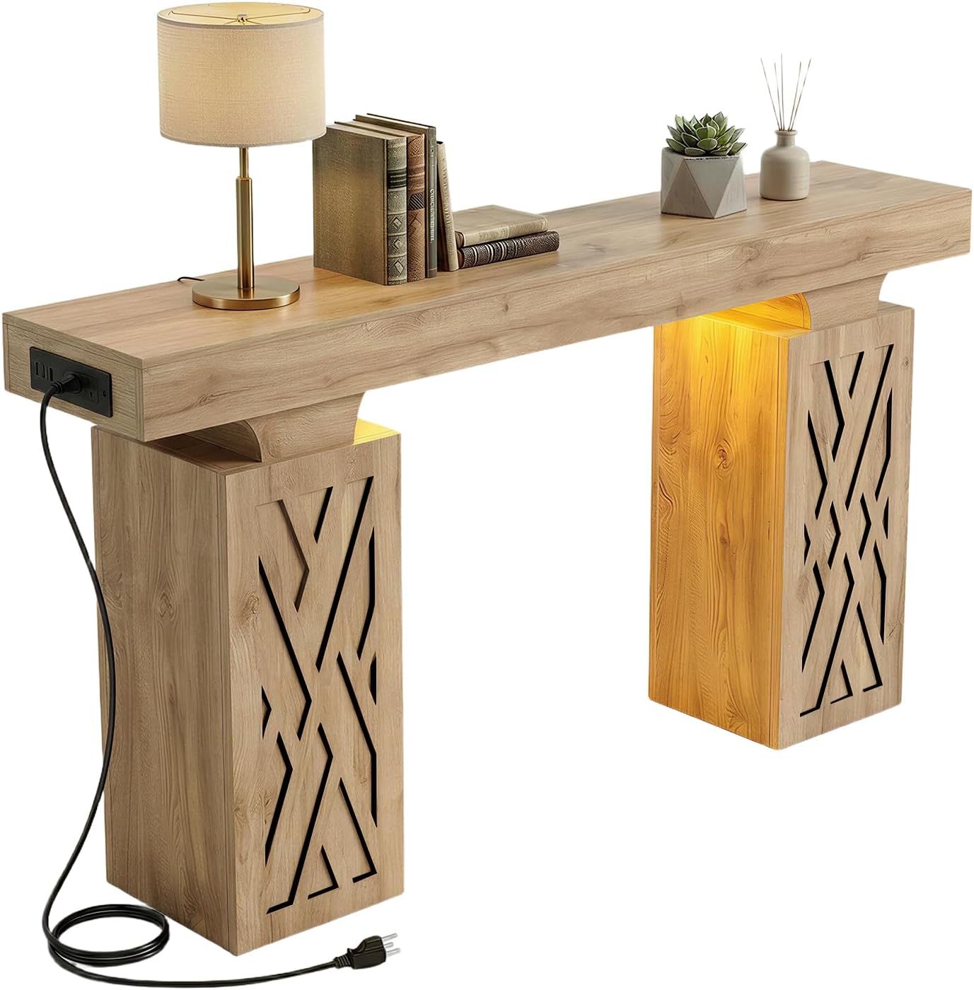 63-Inch Modern Console Table with LED & Outlet, Farmhouse Entryway Table with Geometric Base, Solid Wood-Grain Sofa Table Behind Couch, Narrow Accent Table for Hallway, Brown Oak
