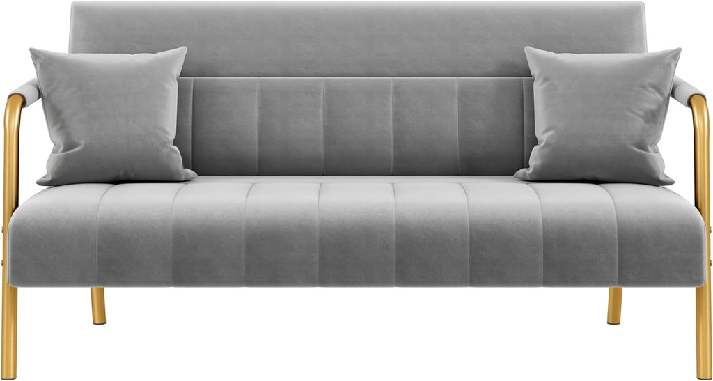 Yaheetech 56.5" Small Sofa 2 Seater Couch with Gold-Tone Legs, Light Gray