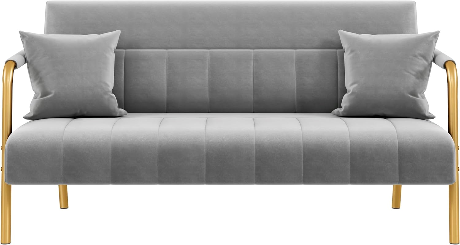Yaheetech 56.5" Small Sofa 2 Seater Couch with Gold-Tone Legs, Light Gray