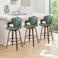 24.8" Swivel Bar Stools Set of 3,Mid Century Modern Counter Height Bar Stools,Green Upholstered Faux Leather Counter Stools with Arms and Fishtail-shaped Back,Walnut Wood Frame Home Bar Chair