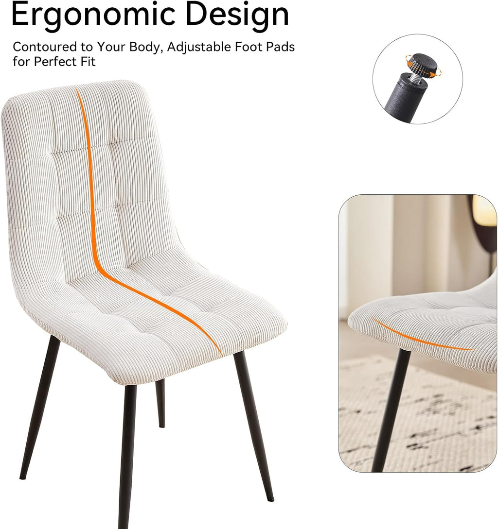 Corduroy Dining Chairs Set of 4, Modern Upholstered Fabric Kitchen Chairs with Metal Legs Adjustable Pads, White