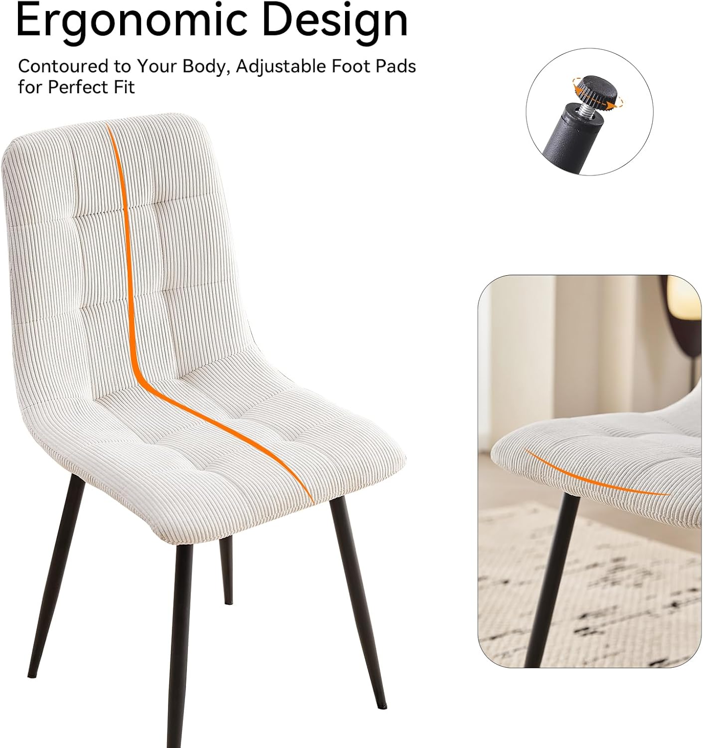 Corduroy Dining Chairs Set of 4, Modern Upholstered Fabric Kitchen Chairs with Metal Legs Adjustable Pads, White