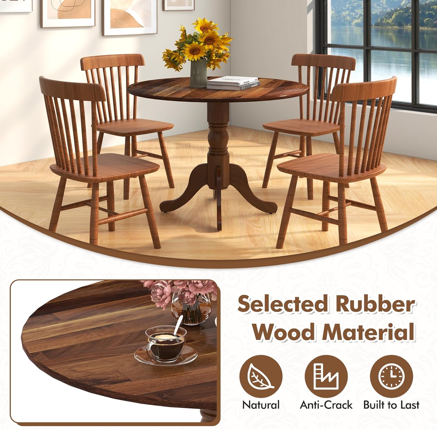 Giantex 39-Inches Round Rubber Wood Dining Table for 4 with Legs, 220 Lbs Capacity, Kitchen Table for Dining Room, Living Room, Restaurant, Dinner, Dinette (Walnut)
