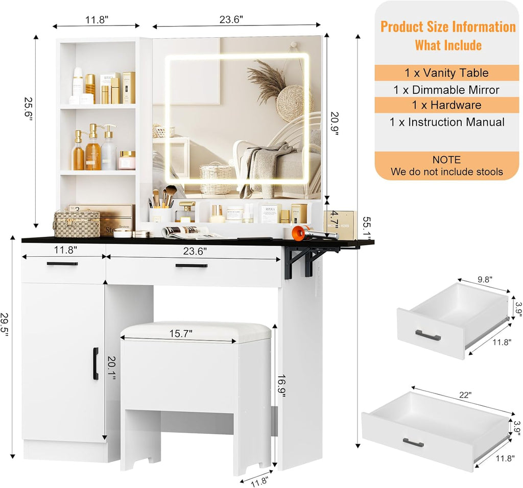 Modern Vanity Makeup Station with Light Up Mirror, 3 Color Lighting Modes with Adjustable Brightness, Built-in Power Charging Station for Bedroom （053 Black）