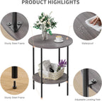Side Table,Round End Table with 2 Storage Shelves| Compact Side Tables for Living Room, Couch, Office & Bedroom | Narrow Accent Table as Space-Saving Small Bedside Table 18x18x22in (Grey)