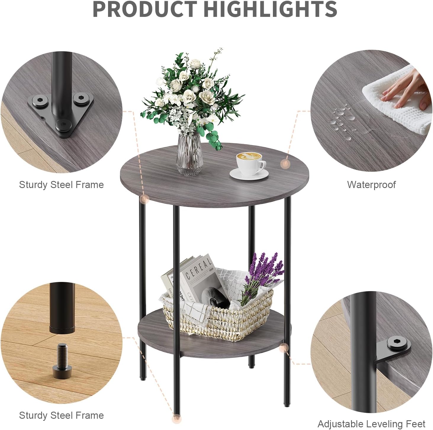Side Table,Round End Table with 2 Storage Shelves| Compact Side Tables for Living Room, Couch, Office & Bedroom | Narrow Accent Table as Space-Saving Small Bedside Table 18x18x22in (Grey)