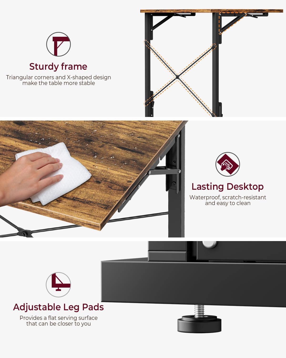 Vantic 31.5" Folding TV Tray Table for Eating on Couch, Rustic Brown | Foldable Couch Desk Table for Small Spaces, Extra Large TV Dinner Trays, Portable Fold Computer Writing Desk for Home Office