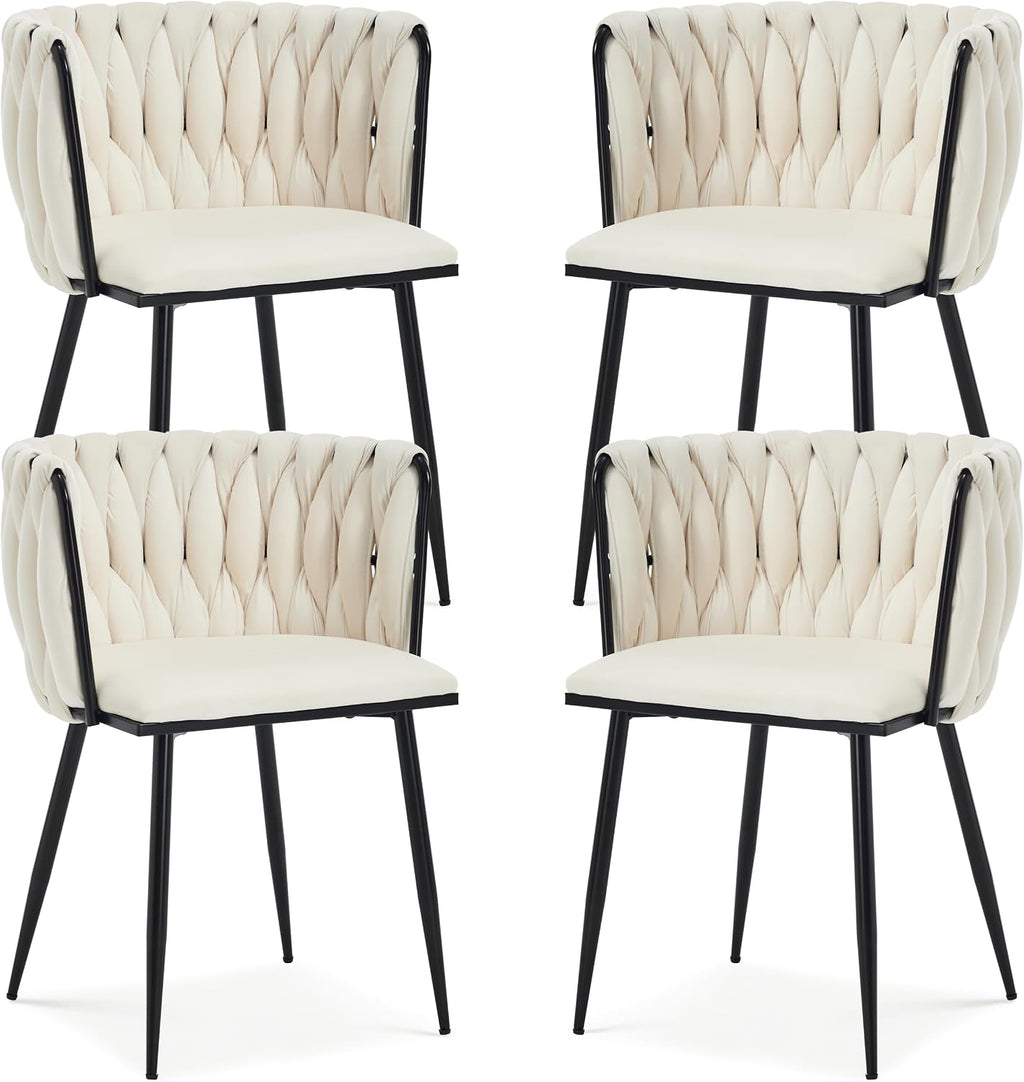 Velvet Dining Chairs Set of 4 with Black Metal Legs,White | Modern Accent Chairs with Upholstered, Woven Backrest, for Living Room, Dining Room, Kitchen,Easy and Quick Assembly