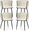 Velvet Dining Chairs Set of 4 with Black Metal Legs,White | Modern Accent Chairs with Upholstered, Woven Backrest, for Living Room, Dining Room, Kitchen,Easy and Quick Assembly