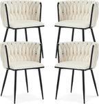 Velvet Dining Chairs Set of 4 with Black Metal Legs,White | Modern Accent Chairs with Upholstered, Woven Backrest, for Living Room, Dining Room, Kitchen,Easy and Quick Assembly
