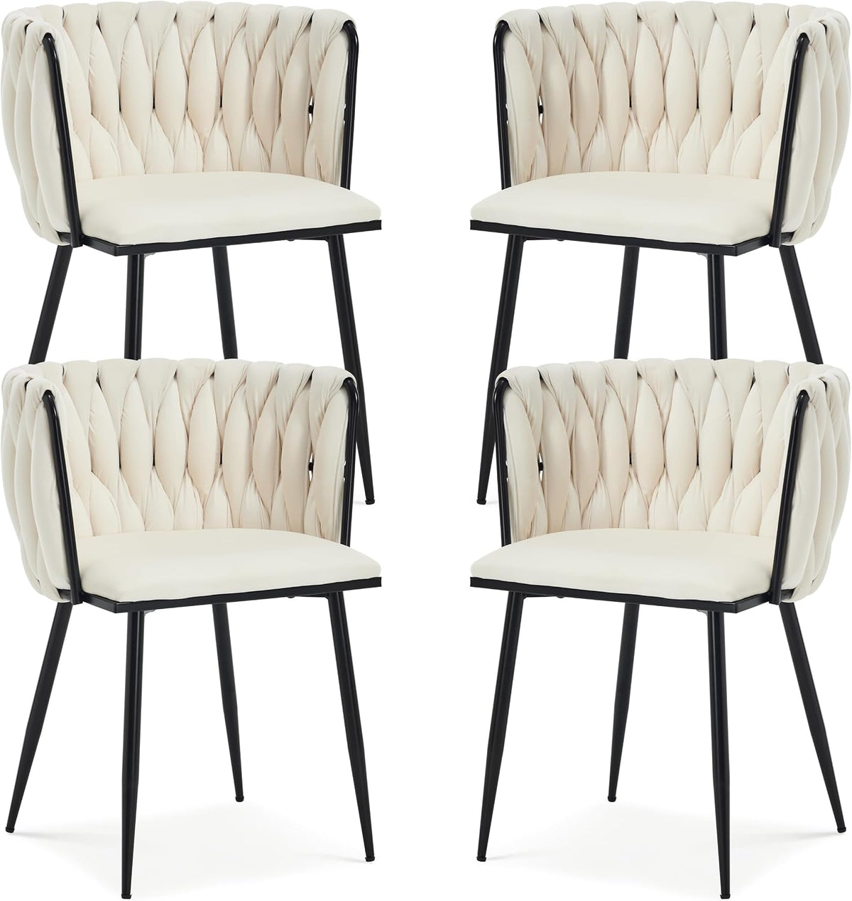 Velvet Dining Chairs Set of 4 with Black Metal Legs,White | Modern Accent Chairs with Upholstered, Woven Backrest, for Living Room, Dining Room, Kitchen,Easy and Quick Assembly