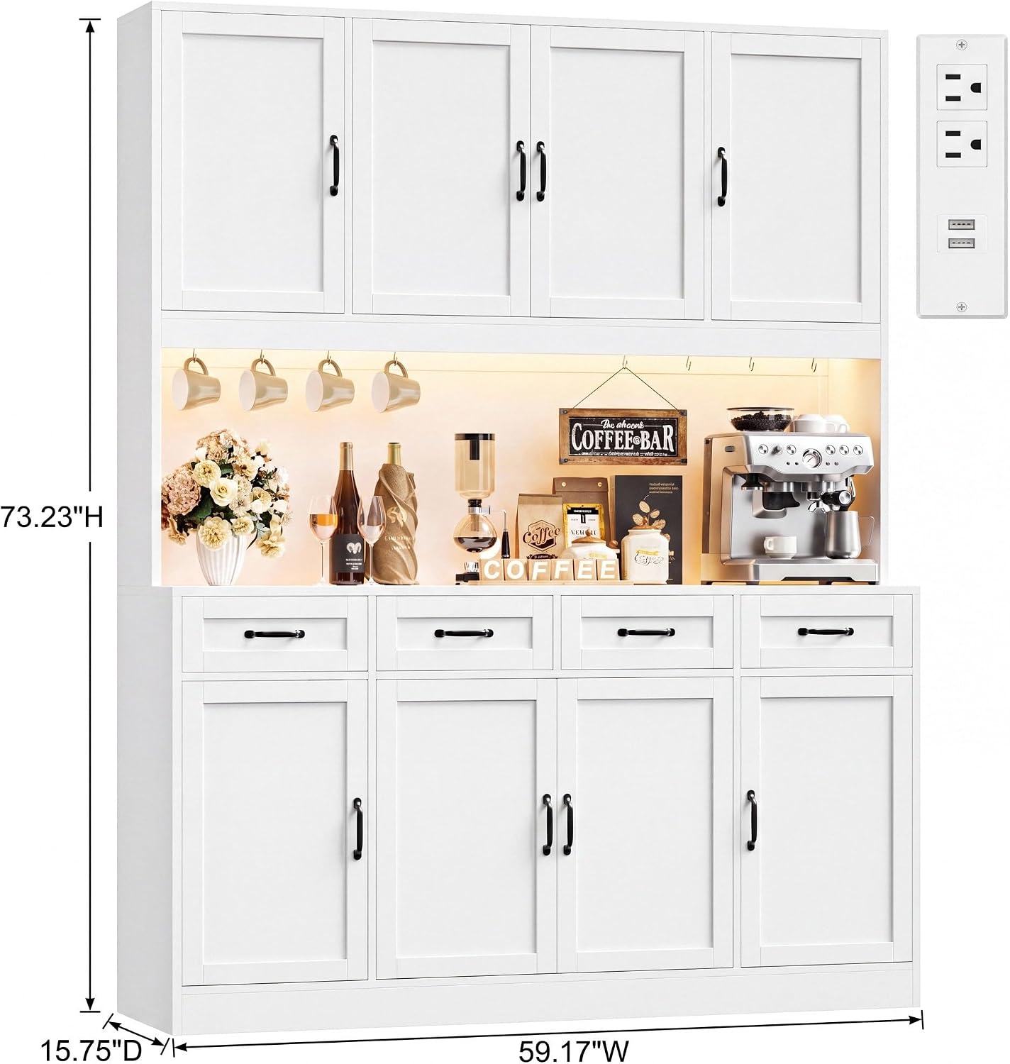 HITHOS 73" Tall Kitchen Pantry Storage Cabinet, Large Charging Hutch, White | Wood Kitchen Pantry Cabinet with Charging Station, Kitchen Hutch Storage Cabinet with Countertop, Food Pantry with LED Light