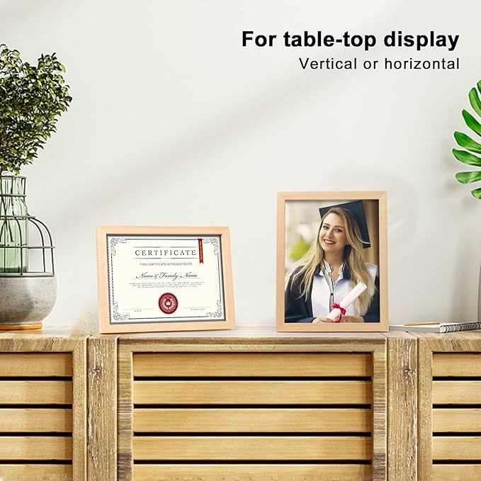 KINLINK 8.5x11 Picture Frame Natural, Solid Wood Diploma Frames with Acrylic Plexiglass for Pictures, Certificate Degree Document Frame Tabletop and Wall Mounting Display, Set of 4