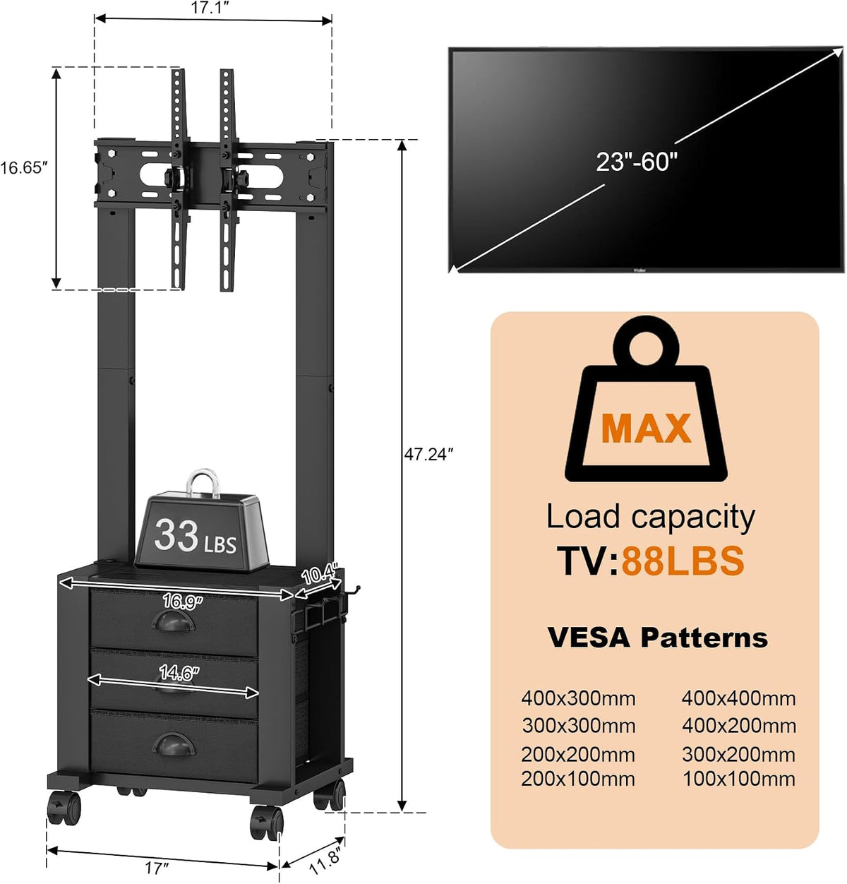 Rolling TV Stand with 3 Drawers for 23-60 Inch TVs with Storage | Hidden Storage, Height Adjustable Tilt Mount, Lockable Wheels, Dual Steel Frame, VESA Compatible for Bedroom & Living Room