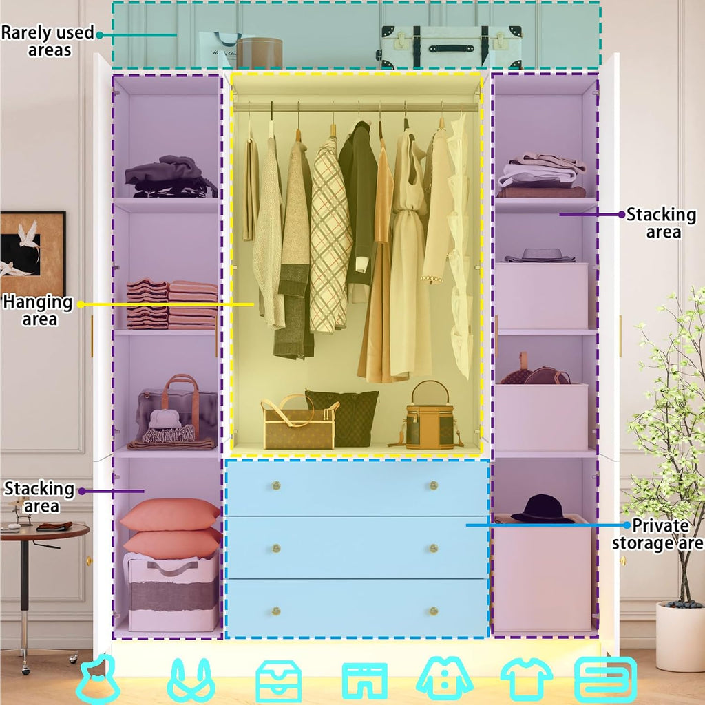 4 Doors LED Armoire Wardrobe Closet with Mirror, 75" Tall Modern Wooden Wardrobe Closet with 3 Drawers, Freestanding Clothing Storage Cabinet with Hanging Rod, Adjustable Shelves, White