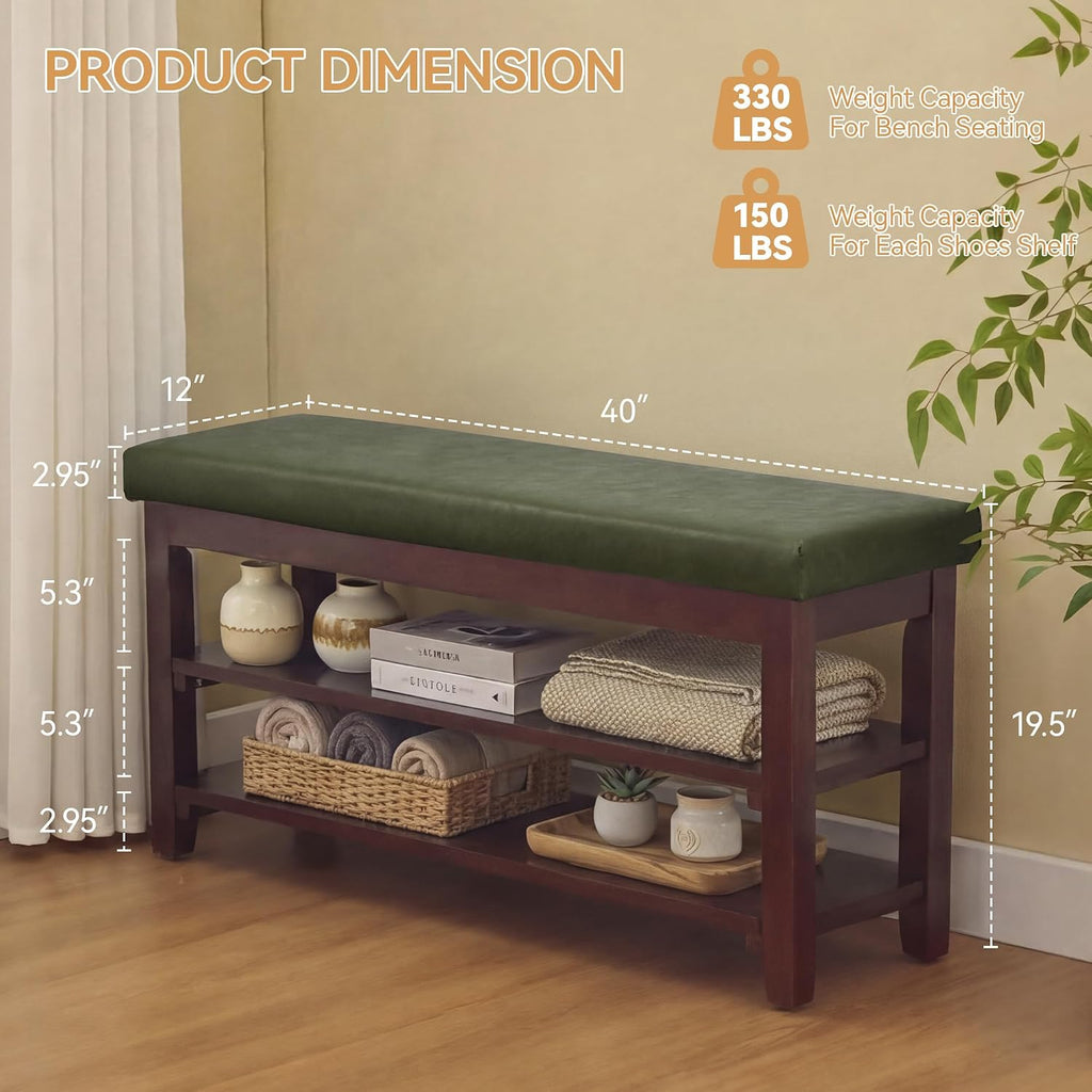 40" Faux Leather Shoe Storage Bench Entryway, Upholstered Bench with Leather Cushion, Solid Wooden 2 Tier Rack Shoe Organizer for Entry Way, Bedroom, Living Room, Green