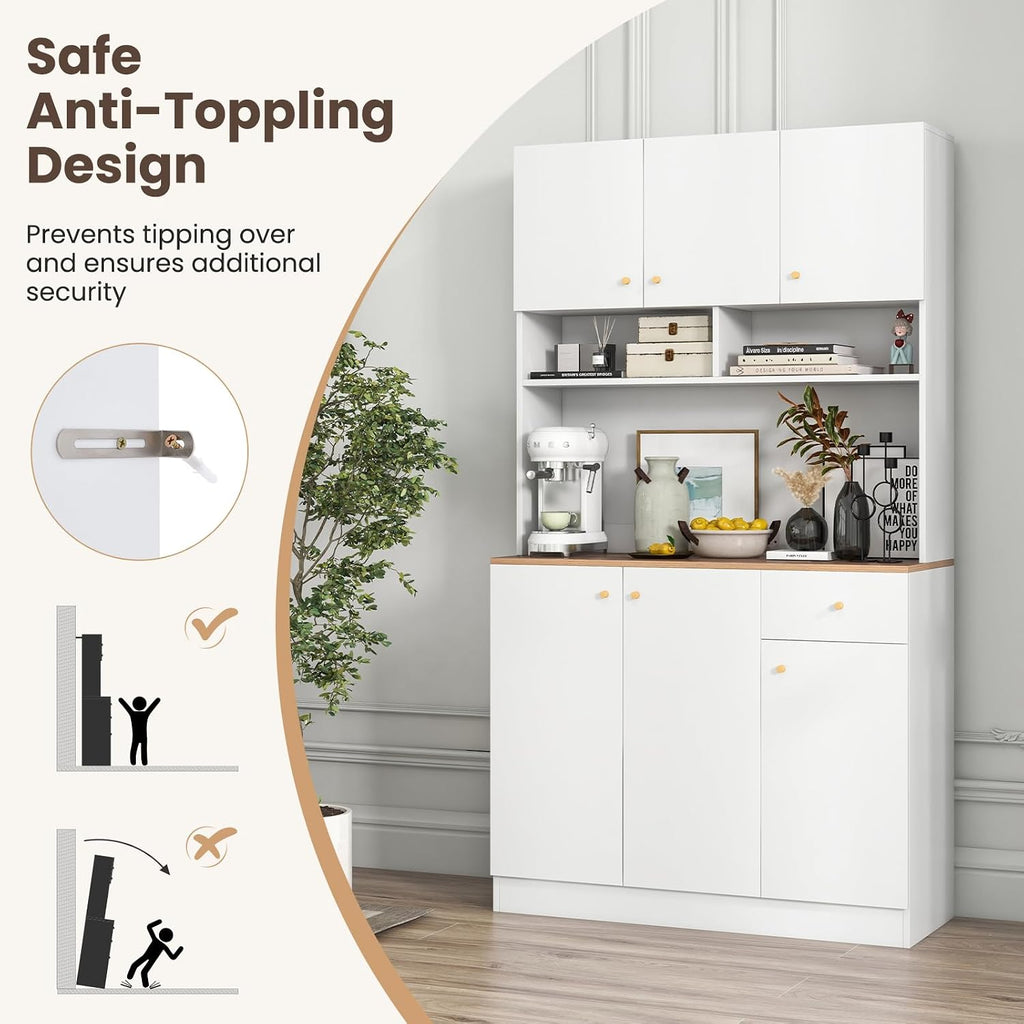 71" Tall Kitchen Hutch, Modern Pantry Storage Cabinet with Power Outlets, Microwave Shelf, Adjustable Shelves, Freestanding Buffet Cupboard for Dining Room