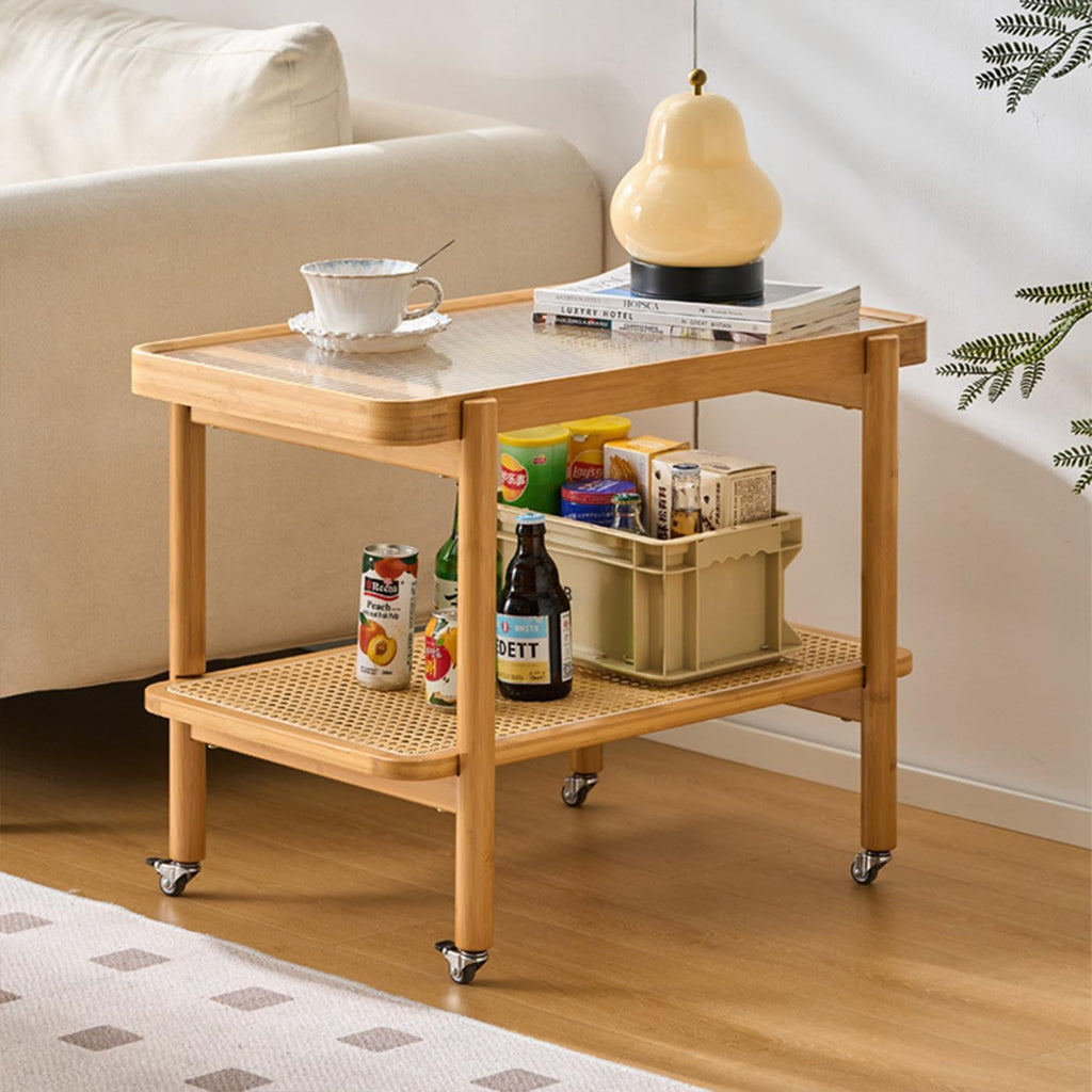 Bamboo Rattan End Table with Wheels, 2 Tier Modern Coffee Table Couch Side Table Utility Rolling Cart Glass Tabletop Snack Table for Balcony Living Room Bedroom