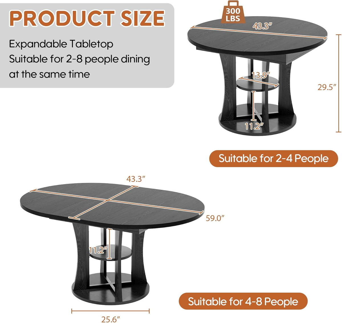 43.3''-59'' Extendable Round Dining Table for 4-8, Expandable Kitchen Table with Storage Shelf, Space Saving Circle Kitchen Table, Round Oval Dining Room Table for Living Room