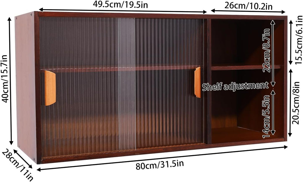 Xuthusman 2 Tier Small Kitchen Pantry Cabinet,31.5in Wall Sideboard with Glass Doors Bamboo Cupboard Food Pantry Cabinet Adjustable Shelves Countertop Storage for Kitchen Dining Room (Walnut)
