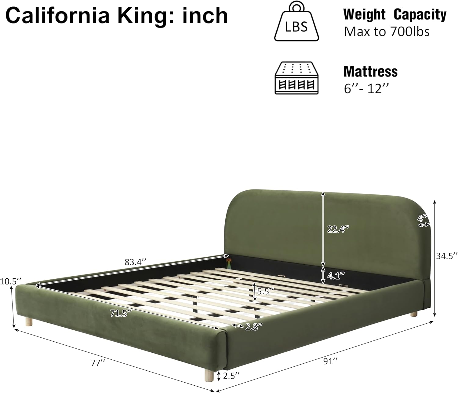 Virubi California King Size Upholstered Bed Frame with Curve Shaped Headboard, Modern Upholstered Platform Bed with Solid Wood Legs, Easy Assembly (California King,Olive Green)