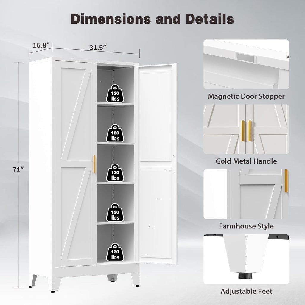 71" Tall Metal Pantry Cabinet, Kitchen Storage Cabinet with 2 Doors and 4 Adjustable Shelves for Kitchen, Living Room, Dining Room, Bathroom and Home, Office (White, 1PC)