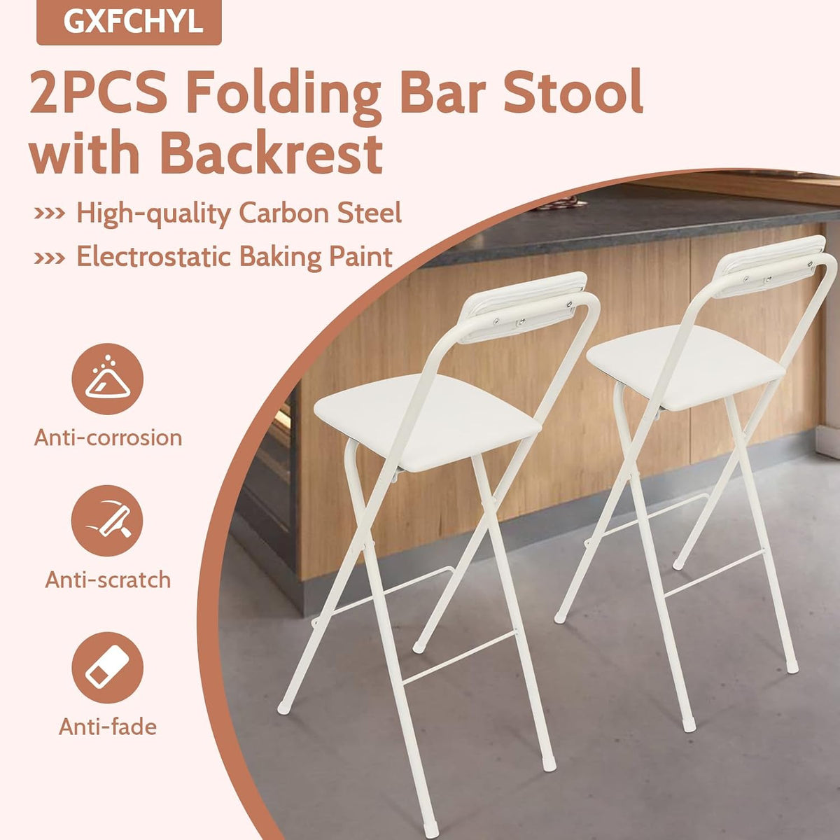 2PCS Folding Bar Stool with Backrest, 29.53in Tall Folding Chair Counter Height Foldable Chairs Tall Bar Collapsible Stools for Kitchen, Shop, Cafe, Dining Room (White)