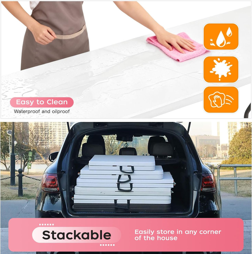 FDW | 8FT Folding Table | White | Portable Plastic Table | with Carry Handle | Waterproof & Foldable Table Design | Steel Frame with Lock | for Events, Camping, Indoor & Outdoor Use