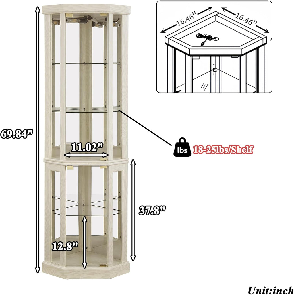 69" H Lighted Corner Display Cabinet, Curio Corner Glass Cabinet w/Adjustable Shelves & Glass Door, 5-Tier Wooden Storage Display Case w/Mirrored Back Pane for Living Room (Antique White)