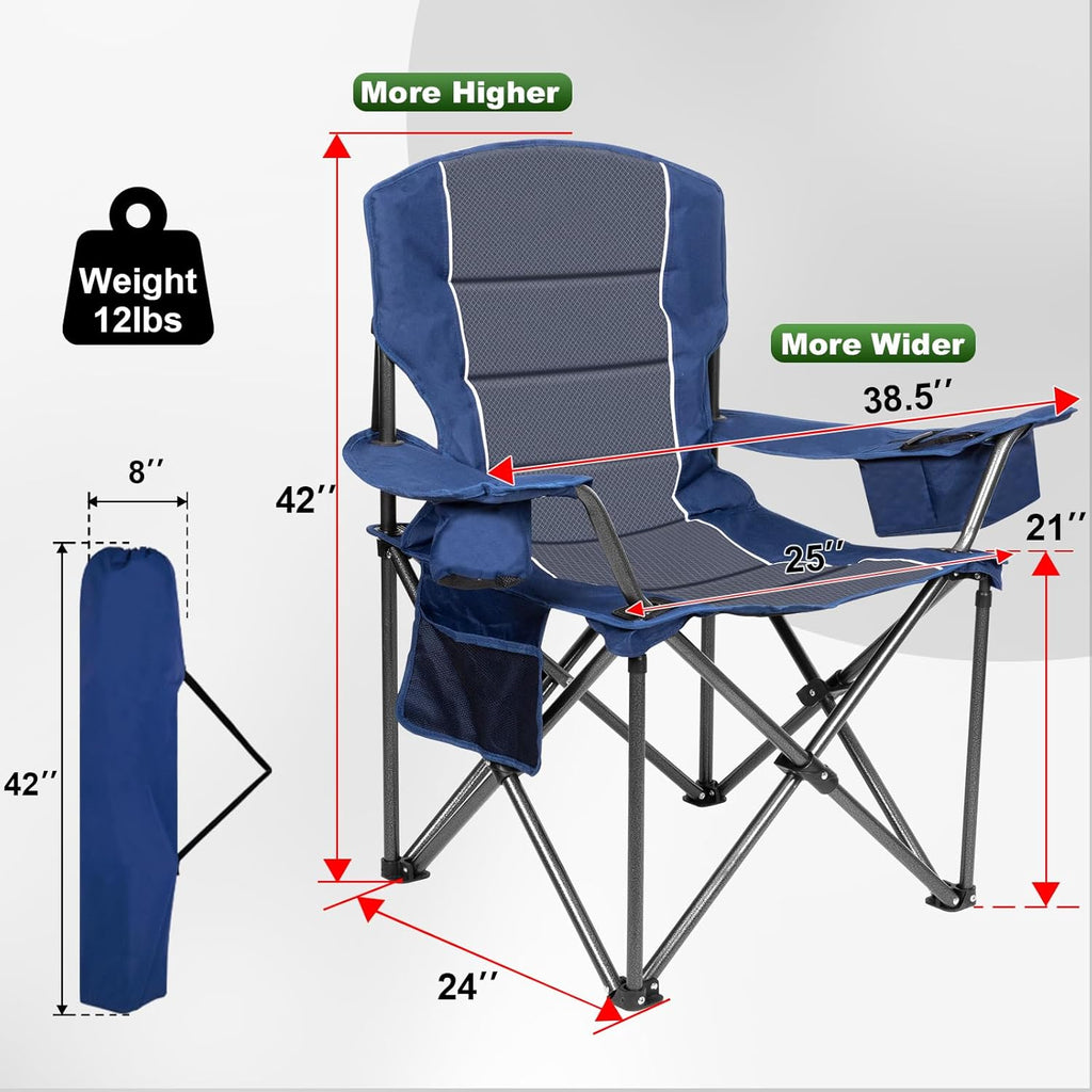 Oversized Padded High Back Camping Chairs,2 Pcs Heavy Duty Folding Chairs Support 500LBS with Cooler Bag,Cup Holder Cooler Bag, Collapsible Chairs for Outdoor, Tailgate, Fishing, Blue