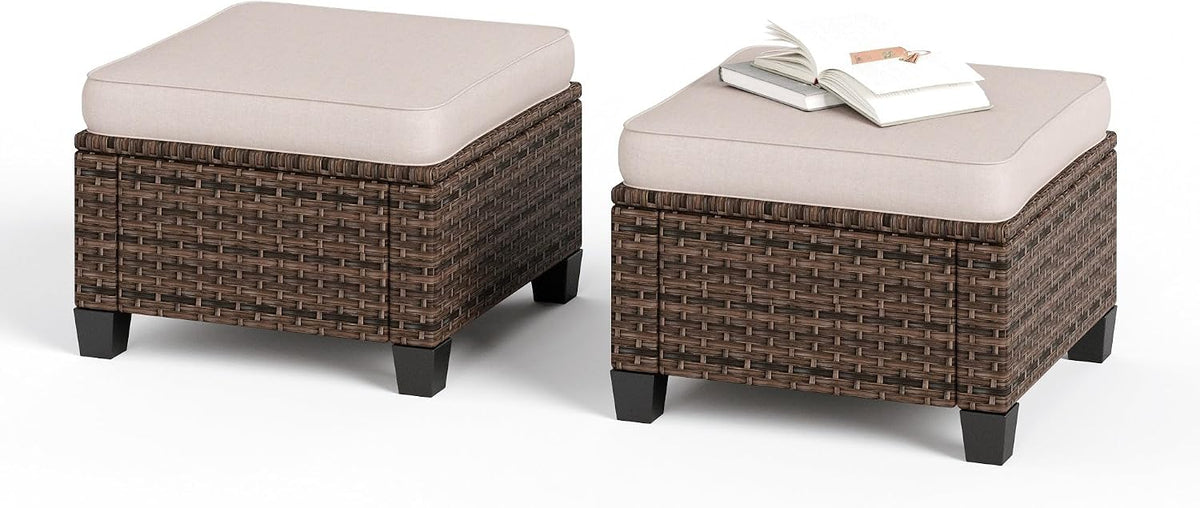 SUNSHINE VALLEY Outdoor Patio Ottomans,2 Pieces All Weather Wicker Ottomans with 4" Thick Cushions for Garden,Lawn, Backyard,Beige