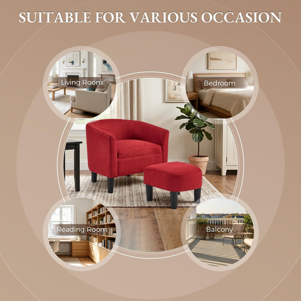 INZOY Oversized Accent Chair with Ottoman, 23.2" W Oversized Club Chair with Ottoman Set, Comfy Fabric Barrel Reading Chairs for Living Room Bedroom, Round Reading Chair with Foot Rest, Red