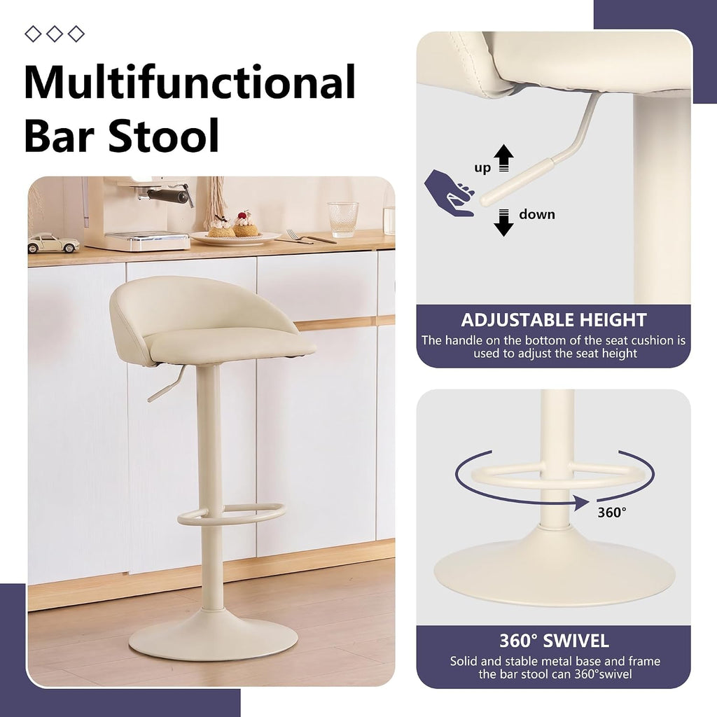 YOUNIKE Bar Stools Set of 2 Kitchen Bar Chair Counter Height Barstool Cream | Faux Leather Upholstered Modern Adjustable Swivel Padded Low Backs for Breakfast Island Mid-Century Load 300LBS