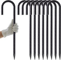 AAGUT 16 Inch 8 Pack Rebar Stakes 3/8" Heavy Duty J Hook Chain Link Fence Stakes with Chisel Point End Steel Ground Anchors for Tent and Outdoor Decorations, Black Coated
