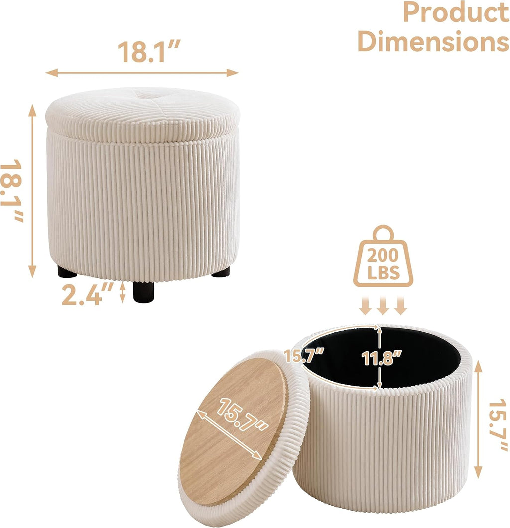 WUTUTUEE Corduroy Storage Ottoman with Flip-Top Tray, Modern Upholstered Ottoman Coffee Table, Dual Leg Options Ottoman Footrest for Living Room, Bedroom, Office, White