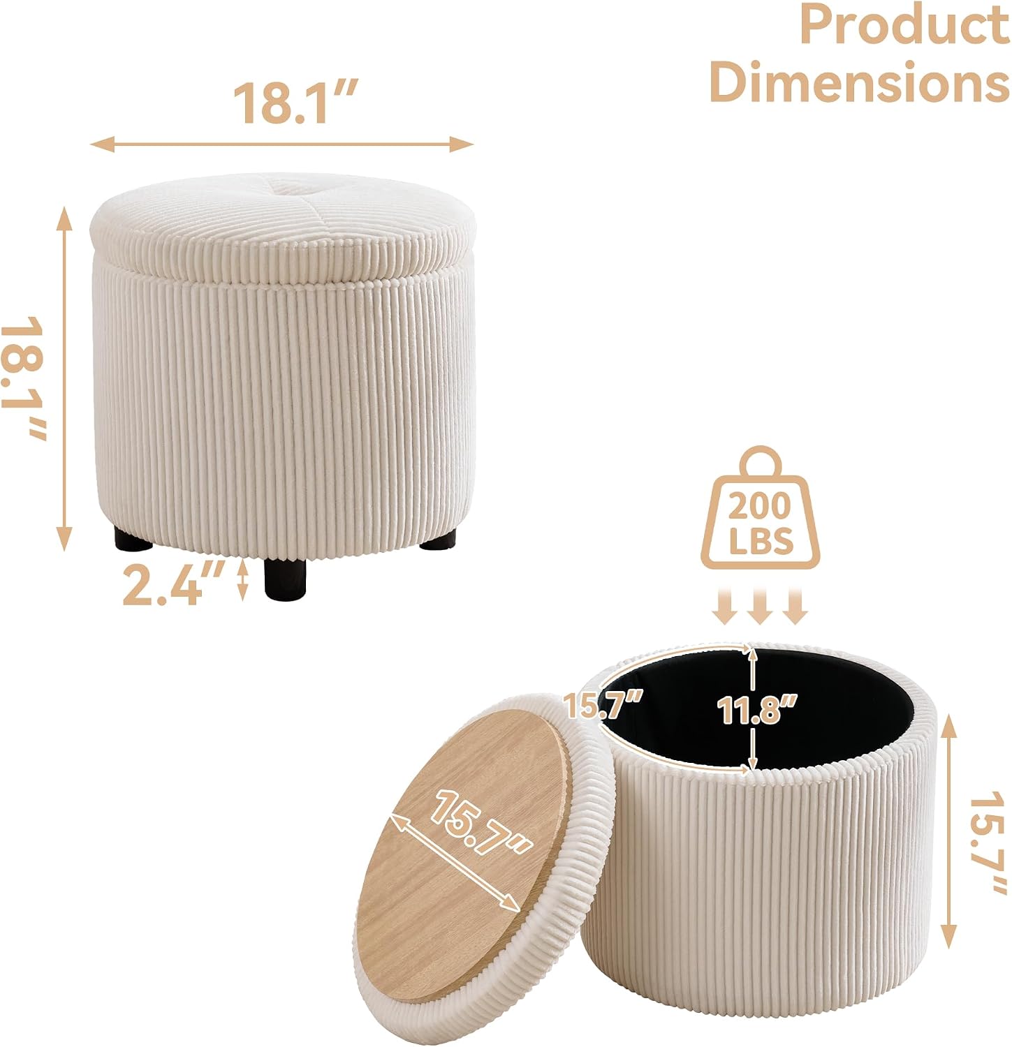 WUTUTUEE Corduroy Storage Ottoman with Flip-Top Tray, Modern Upholstered Ottoman Coffee Table, Dual Leg Options Ottoman Footrest for Living Room, Bedroom, Office, White