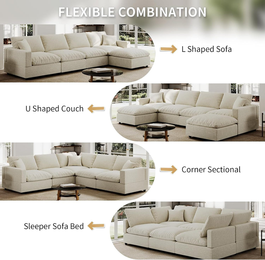 5 Seat Modular Cloud Sofas,Modern Sectional Linen Couch for Living Room V-Shape Sofas,Couches Cushion Covers Removable,Cozy Feather Down Sofa for Apartment Beige