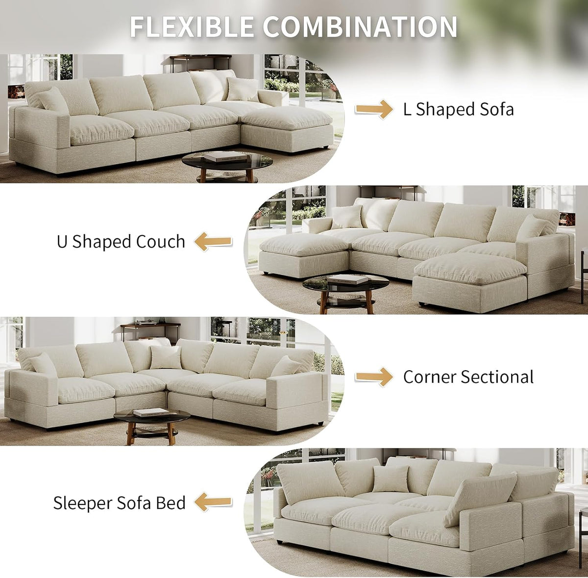 5 Seat Modular Cloud Sofas,Modern Sectional Linen Couch for Living Room V-Shape Sofas,Couches Cushion Covers Removable,Cozy Feather Down Sofa for Apartment Beige