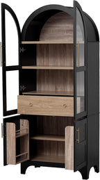 71" Tall Arched Pantry Cabinet with Glass Doors and Adjustable Shelves, Farmhouse Arched Pantry Cabinet with Drawer for Kitchen, Dining Room, Living Room, Bathroom, Black