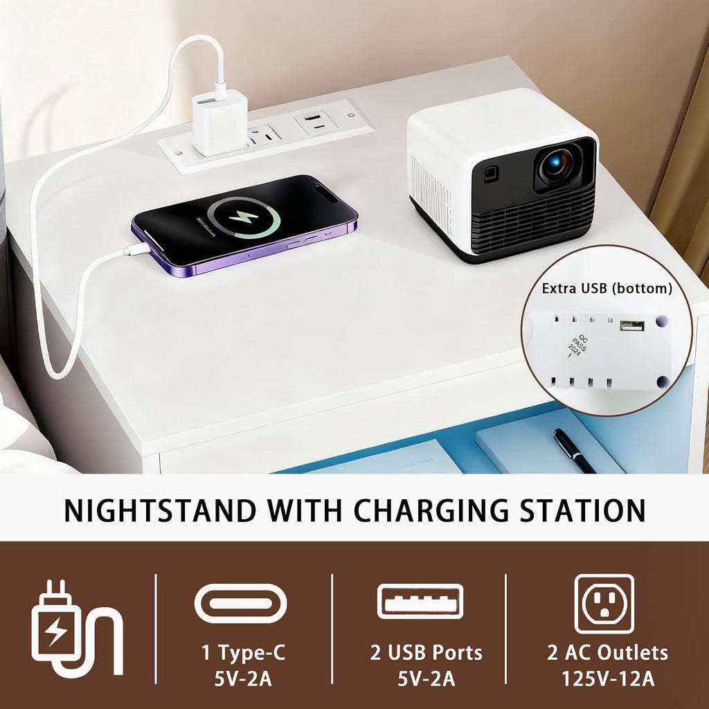Night Stand with Charging Station and Ambient Light, LED Nightstand with USB-C Ports and Outlets, Morden Bedside Table with 2 Drawers and Open Compartment, End Table for Bedroom, White