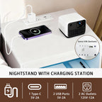 Night Stand with Charging Station and Ambient Light, LED Nightstand with USB-C Ports and Outlets, Morden Bedside Table with 2 Drawers and Open Compartment, End Table for Bedroom, White
