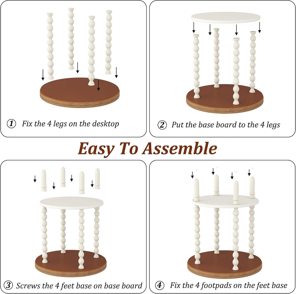 Function Home Round End Table, Farmhouse Side Table with Storage Shelf, 2 Tier Wooden Nightstand, 19.2” Accent Table for Living Room Bedroom Small Space, Natural Tray Top and Vintage White Spindle Leg