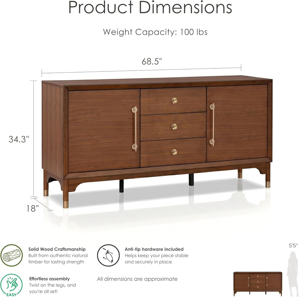 Furniture of America Forma Mid-Century Modern 69-inch Solid Wood Sideboard Buffet Cabinet with 2 Storage Compartments, 6 Shelves and 3 Drawers for Living Room, Dining Room, Office, Walnut