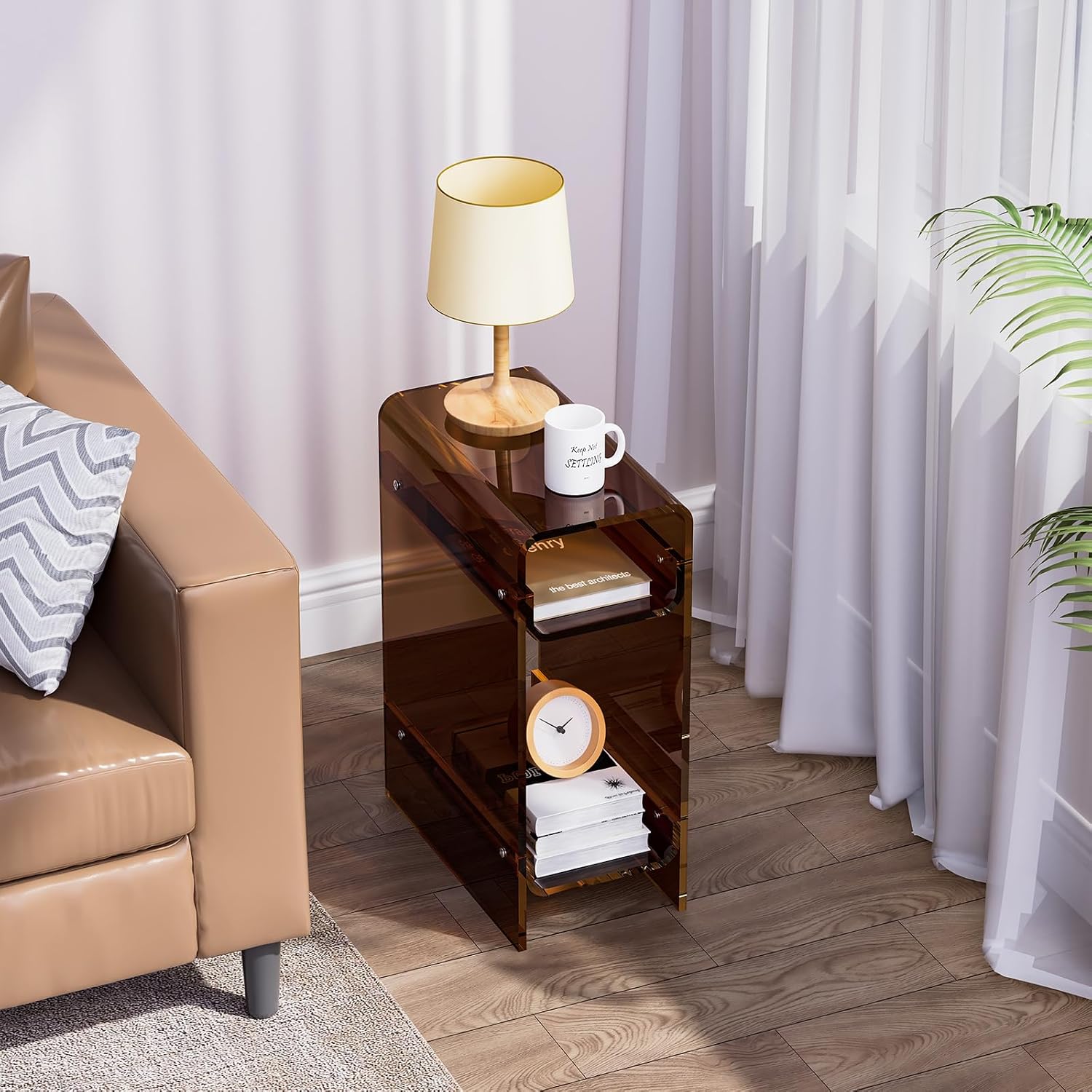 Clear Acrylic Side Table, Narrow Nightstand Bedside Table for Bedroom, Skinny Small End Table (Dark Brown, 8.7'' x 15.7'' x 21.7")