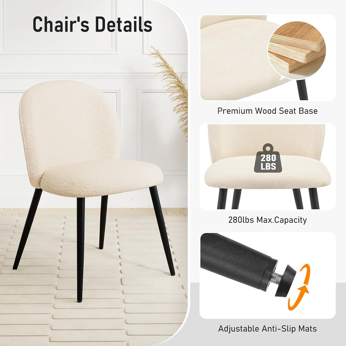 Upholstered Dining Chairs Set of 4, Modern Kitchen Side Chair with Padded Seat Comfortable Chenille Fabric Study Black Matel Legs,Desk Chair with Back for Dining Rooms, Beige