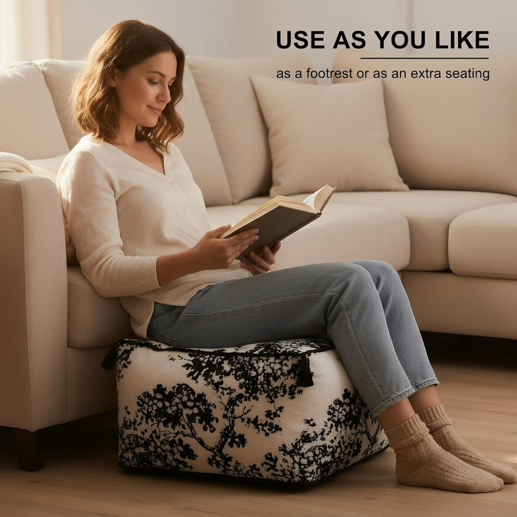 Chenille Square Pouf Ottoman - Foot Stool for Living Room & Bedroom | Soft ottoman with tassels. Removable cover. High-resilience foam. Flannelette base. Tree decor. Step for dogs. 19.7x11.8in